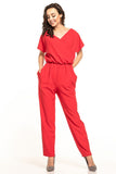 Elegant Short-Sleeved Jumpsuit with Pockets and Gathered Waist