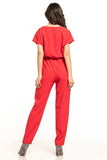 Elegant Short-Sleeved Jumpsuit with Pockets and Gathered Waist