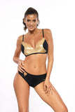 Stylish Two-Piece Swimsuit with Gold Accents and Plunge Neckline