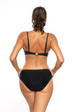 Stylish Two-Piece Swimsuit with Gold Accents and Plunge Neckline