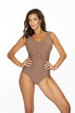 Elegant One-Piece Swimsuit with Gold Brooch Accent