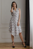 Light Sleeveless Patterned Midi Dress with Tie Belt
