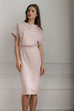 Elegant Pink Midi Dress with Short Sleeves and Cuff