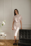 Elegant Pink Midi Dress with Short Sleeves and Cuff