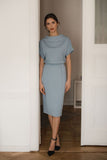 Blue Midi Dress with Dropped Shoulder Sleeves and Cuff