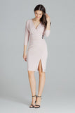 Pink Fitted Midi Dress with Kimono Sleeves & Slit Detail