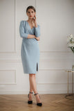 Blue Fitted Midi Dress with Kimono Sleeves and Belt