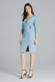 Blue Fitted Midi Dress with Kimono Sleeves and Belt