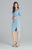 Blue Fitted Midi Dress with Kimono Sleeves and Belt