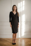 Elegant Black Midi Dress with Kimono Sleeves and Belt