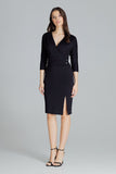 Elegant Black Midi Dress with Kimono Sleeves and Belt