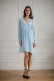Blue Flowing Chiffon Midi Dress with Ruffled Sleeves