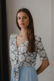Patterned Short Shirt with Heart Neckline and Tie Detail
