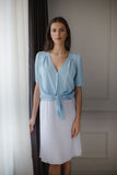 Blue Heart Neckline Blouse with Button Front and Decorative Trim