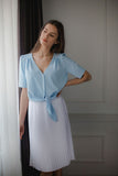 Blue Heart Neckline Blouse with Button Front and Decorative Trim
