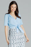 Blue Heart Neckline Blouse with Button Front and Decorative Trim