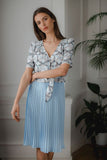 Blue Pleated Midi Skirt with Elastic Waistband