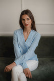 Classic Blue Straight Shirt with Heart Neckline and Frill Trim