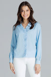 Classic Blue Straight Shirt with Heart Neckline and Frill Trim