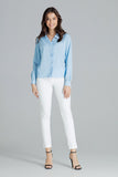 Classic Blue Straight Shirt with Heart Neckline and Frill Trim
