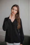 Black Frill Trim Shirt with Heart Neckline and Pleated Cuffs