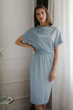 Blue Midi Dress with Dropped Shoulder Sleeves and Cuff