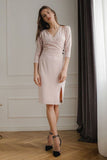Pink Fitted Midi Dress with Kimono Sleeves & Slit Detail