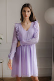 Purple Flowy Chiffon Midi Dress with Ruffled Sleeves