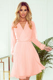 Pleated Chiffon Dress with Long Sleeves - Peach Color
