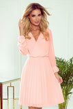 Pleated Chiffon Dress with Long Sleeves - Peach Color