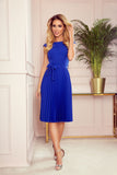 Cornflower Blue Pleated Dress with Belt and Short Sleeves