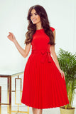 Red Pleated Dress with Short Sleeves and Belt