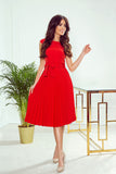 Red Pleated Dress with Short Sleeves and Belt