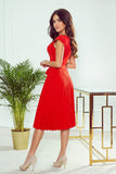 Red Pleated Dress with Short Sleeves and Belt