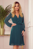 Bottle Green Pleated Chiffon Dress with Long Sleeves