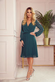Bottle Green Pleated Chiffon Dress with Long Sleeves