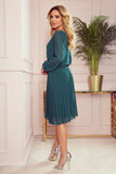 Bottle Green Pleated Chiffon Dress with Long Sleeves