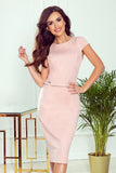 Elegant Powder Pink Midi Dress with Belt and Short Sleeves
