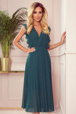 Bottle Green Pleated Chiffon Dress with Ruffles