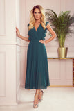 Bottle Green Pleated Chiffon Dress with Ruffles