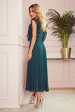 Bottle Green Pleated Chiffon Dress with Ruffles