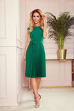 Pleated Short Sleeve Dress with Belt in Bottle Green