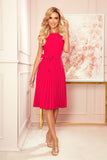Raspberry Pleated Dress with Short Sleeves and Belt