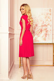 Raspberry Pleated Dress with Short Sleeves and Belt