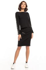 Striped Sleeve Knitted Sweatshirt in Soft Fabric - black / XS