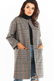 Checkered Straight Cut Coat with Pockets and Press Studs