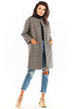 Checkered Straight Cut Coat with Pockets and Press Studs
