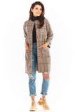 Checkered Straight Cut Coat with Long Sleeves and Pockets