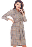 Checked Midi Dress with Fitted Waist and Envelope Neckline