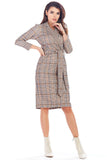 Checked Midi Dress with Fitted Waist and Envelope Neckline